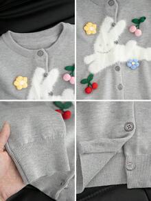 Women's Autumn/Winter Casual Round Neck 3D Cherry Blossom & Rabbit Pattern Sweet Cute Long Sleeve Knit Cardigan - Grey - View 9