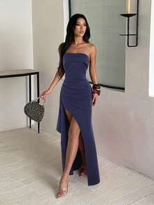 Women's Autumn Solid Color Ruched Strapless Slit Dress, Elegant Dress For Party And Date - Blue - View 4