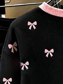 Youth Girl Bowknot Pattern Print Crew Neck Long Sleeve Sweatshirt - Black - View 5