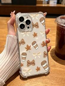 1pc Fashion Autumn Theme Coffee Cup Design Phone Case With Maple Leaf And Bow Print Pattern, Suitable For IPhone18 18pro 18promax 17 17pro 17 Pro Max, 16promax 16 Plus, 15, 14, 13, 12 And 11 Models, Autumn Fashion Phone Case - Clear - View 2