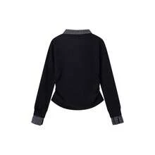 Plaid Patchwork Polo Collar 2 In 1 Long Sleeve T-Shirt Women Thin Fleece Single Wear Base Layer Top - Dark Grey - View 8
