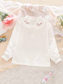 Tween Girl Cute Embroidered Ruffled Collar Long Sleeve Tee, Fashion Breathable Soft 100% Cotton Traceable Fabric, Spring New - White - View 1