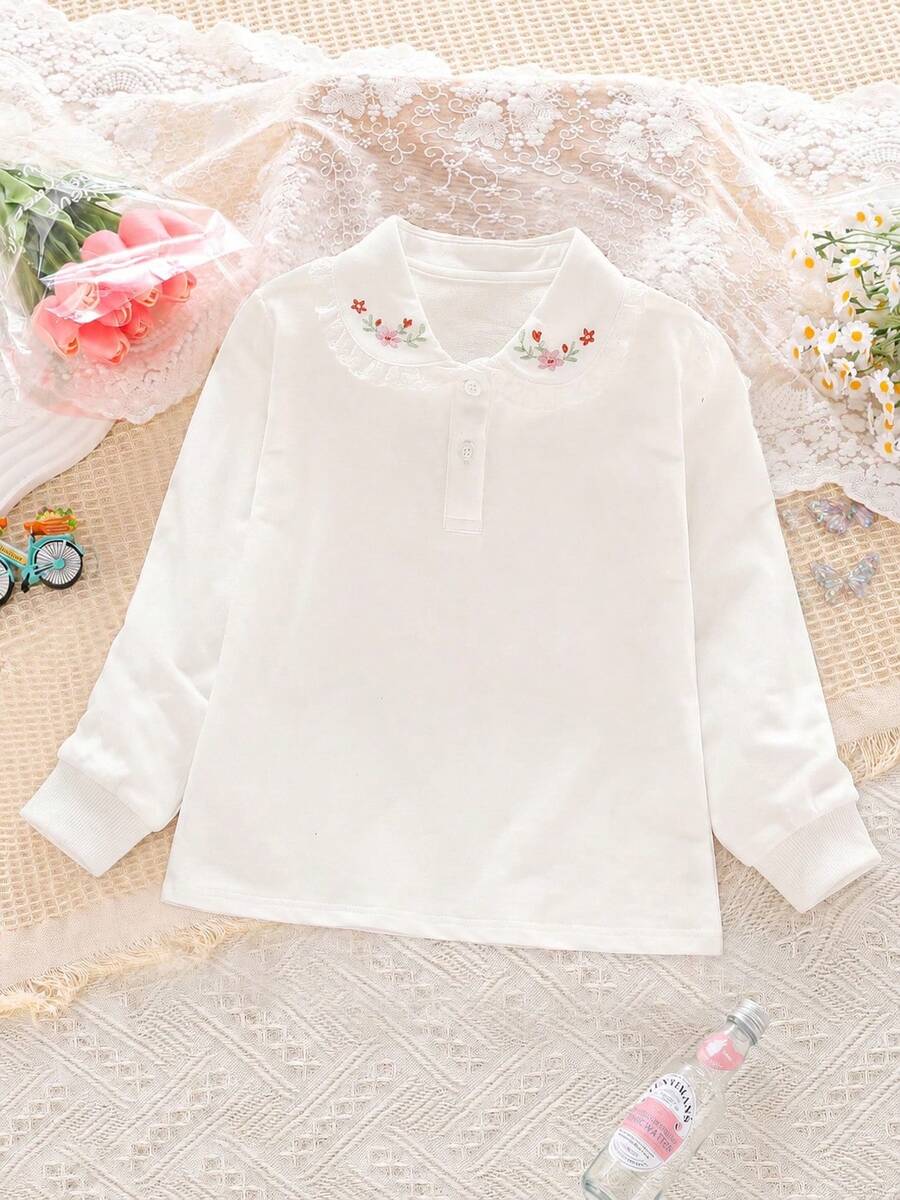 Tween Girl Cute Embroidered Ruffled Collar Long Sleeve Tee, Fashion Breathable Soft 100% Cotton Traceable Fabric, Spring New - White - View 1