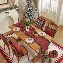 1pc Christmas Plaid Dual-Panel Velvet Fabric Ruffle Table Runner, Suitable For Christmas Holidays And Home Decor - Red Grid - View 2