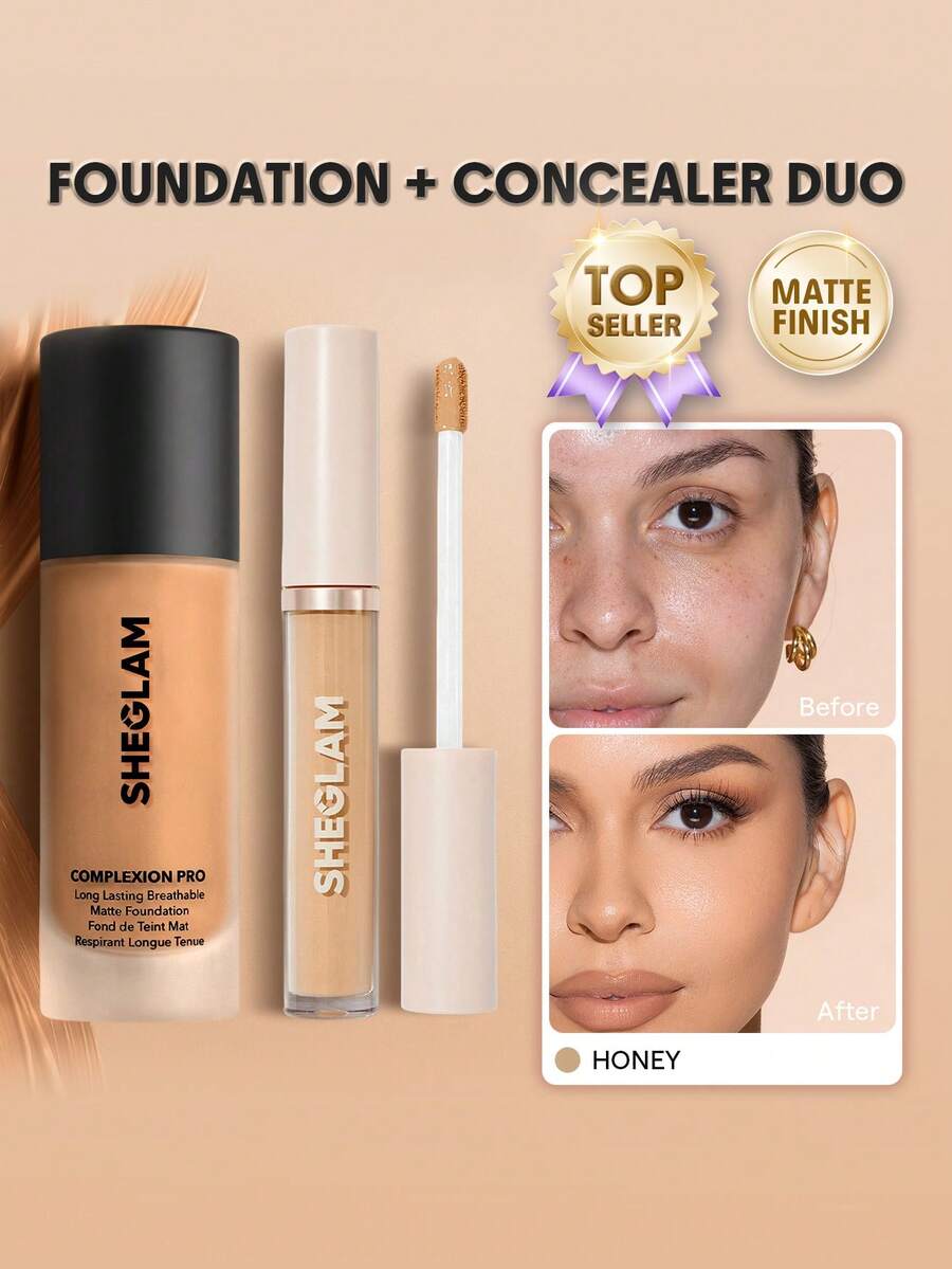 SHEGLAM [2件組] Complexion Pro 霧面粉底液與遮瑕膏套組 - Honey - 查看 1