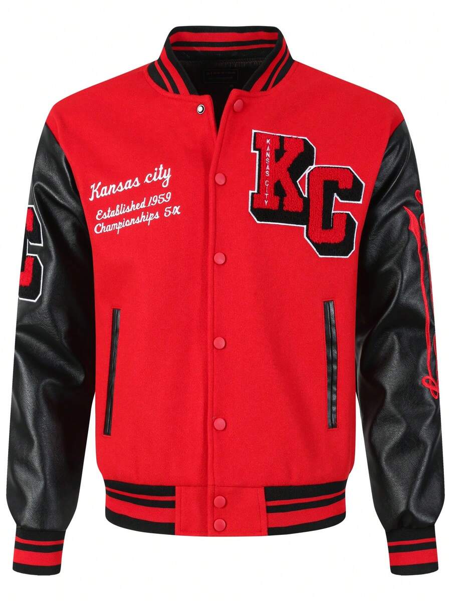 Atonmore Men's Red Baseball Jacket Embroidered Leather Fashion Street Style Sportswear Casual Classic Retro Patchwork PU Long Sleeved Hip-Hop Jacket Coat - Red - View 1