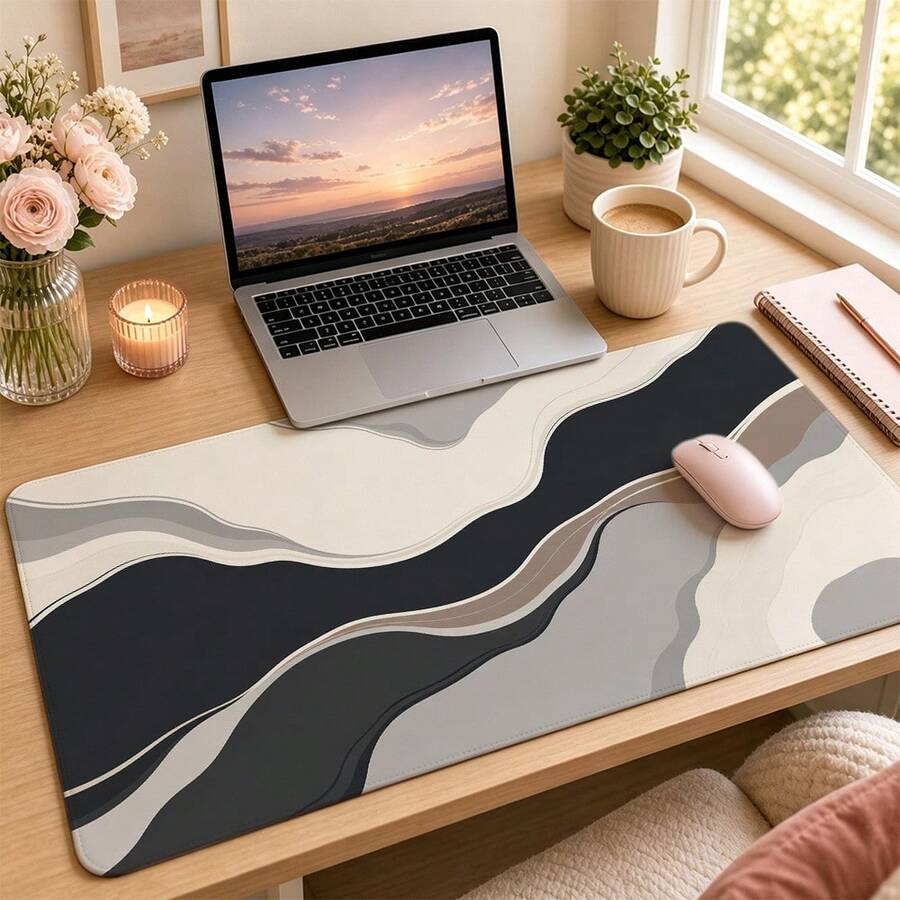 1pc Minimalist Abstract Desk Mat, 4 Styles Available, Modern Ink Flow, Sage Arch, Sunset Line And Geometric Pattern Large Extended Mouse Pad, Non-Slip Rubber Base, Stitched Edge Keyboard Mat For Office, Home, Study, Computer Desk Decor - View 1