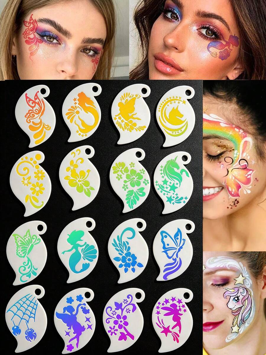 16PCS Temporary Tattoo Stencils, Reusable Floral & Butterfly Pattern Flash Card Templates, DIY Hollow Face & Eye Corner Graffiti Painting Stencils, Adult Music Festival Body Art Templates - White - View 1
