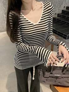 Korean Style Design Striped Button Long Sleeve Knit Top Inner Layer For Women (Random Stripes) - Black Stripes - View 6