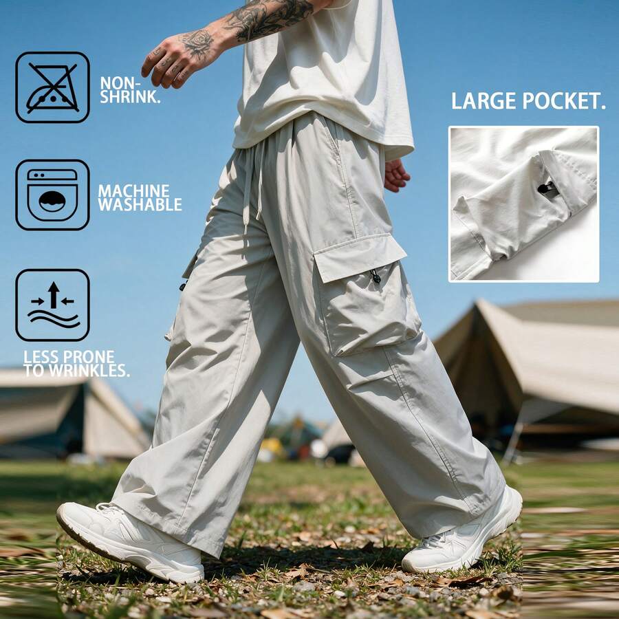 Men's Elastic Drawstring Multi-Pocket Cargo Casual Pants - Light Grey - View 1