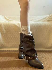 ABZT Vintage Chunky Heel Boots Women's 2026 New Autumn Ruched Shaft Pointed Toe Ankle Boots - Brown - View 4