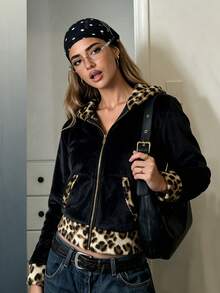 Women's Black Plush Zip-Up Hooded Jacket, Leopard Print Contrast Trim Long Sleeve Cropped Outerwear, Y2K Street Style Jacket, Suitable For Spring, Autumn, Winter, Halloween, Christmas Party, Street And Daily Wear - Multicolor - View 2