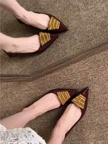 女款高級小眾蛇紋尖頭細高跟單鞋 春秋法式風格 晚宴通勤時尚奶奶鞋 - 酒紅色 - 查看 2