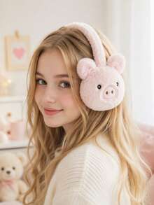 GARASSACC 1pc Cute Pig Embroidery Plush Warm Earmuffs - Solid Color - View 2