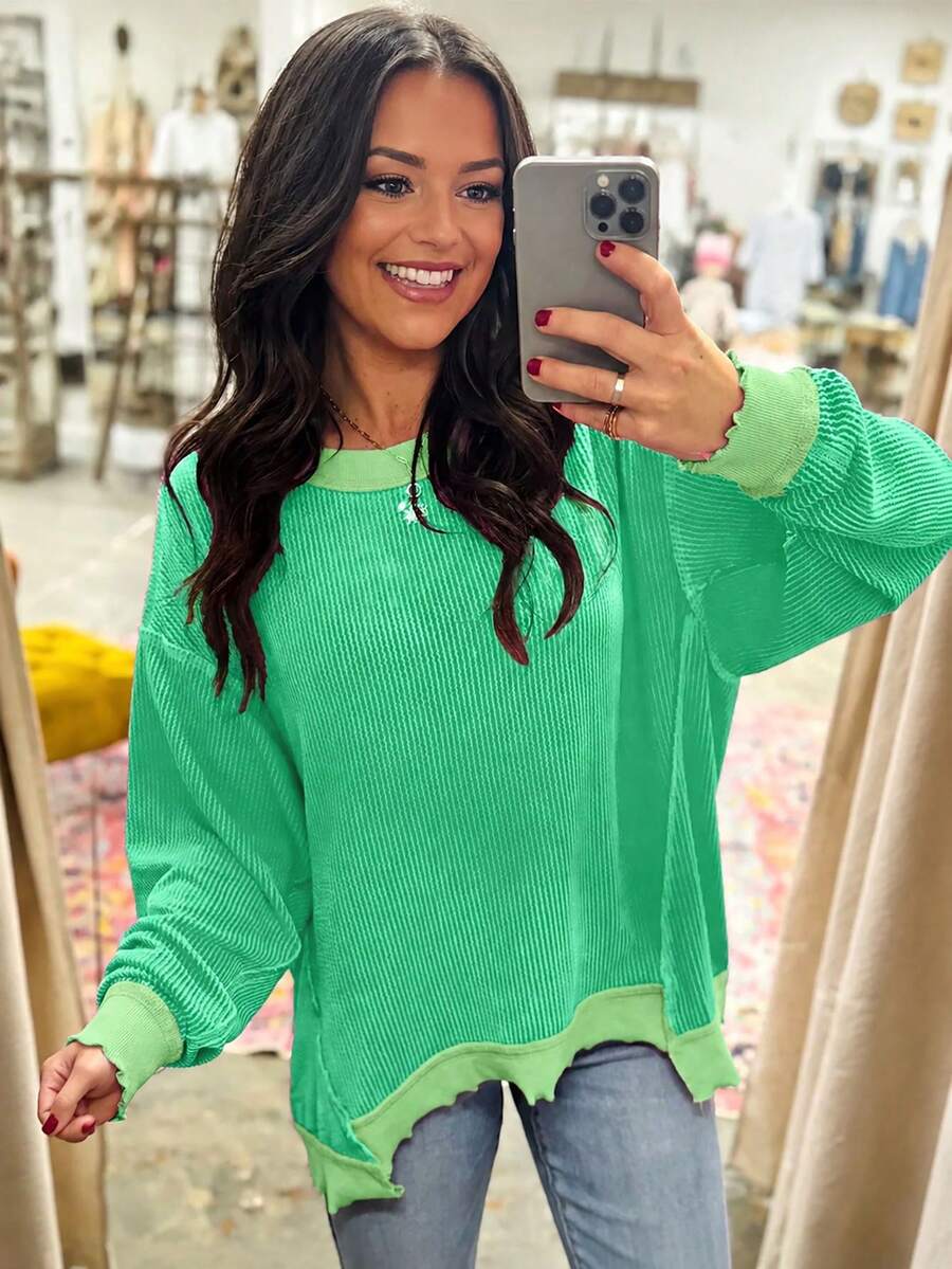 Acelitt Autumn Solid Color Textured Striped Cuffed Long Sleeve Casual Loose Crew Neck T-Shirt Spring - Green - View 1