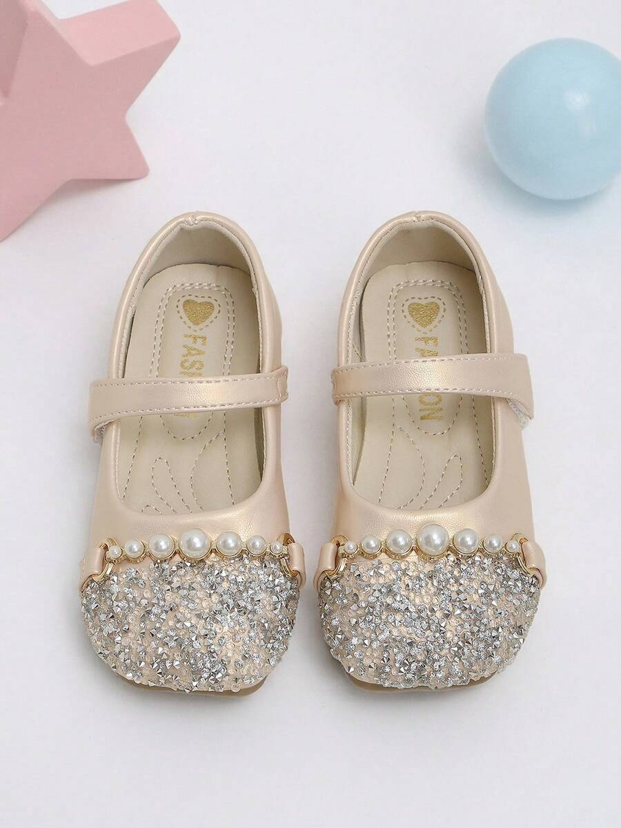 Girls' Pearlescent Pink Rhinestone Pearl Hook & Loop Mary Jane Shoes, Suitable For Autumn Party, Performance And Holiday Outfits - Baby Pink - View 1