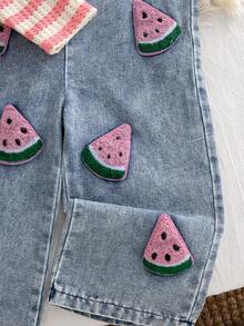Autumn/Winter Baby Girl Pink & White Striped Bubble Texture Long Sleeve Inner Shirt & 3D Towel Embroidery Watermelon & Washed Denim Wide Leg Overalls 2 Pieces Set - Pink - View 7