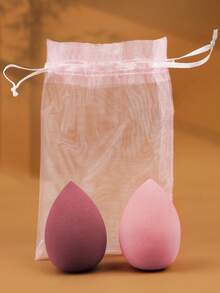 2pcs Water Drop Makeup Sponges Expand When Wet, Non-Absorbent + Convenient Mesh Storage Bag - Multicolor - View 1