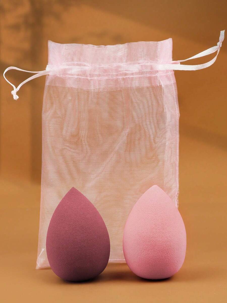 2pcs Water Drop Makeup Sponges Expand When Wet, Non-Absorbent + Convenient Mesh Storage Bag - Multicolor - View 1