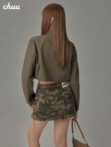 CHUU Tie-Dye Distressed Long Sleeve Blazer Women Spring Autumn Strap Pocket Utility Jacket Short Coat - Coffee Brown - View 3