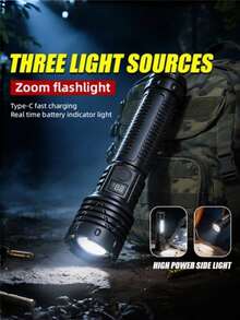 3-Light Flashlight, Rechargeable LED Flashlight, Side Light, Zoomable Flashlight, Red Tail Light, 18650 Battery Spotlight, Reverse Charging Flashlight, Battery Level Display, Portable Search Light, Outdoor Camping Light, Fishing, Hiking, Work Light, Gift - Star - View 4