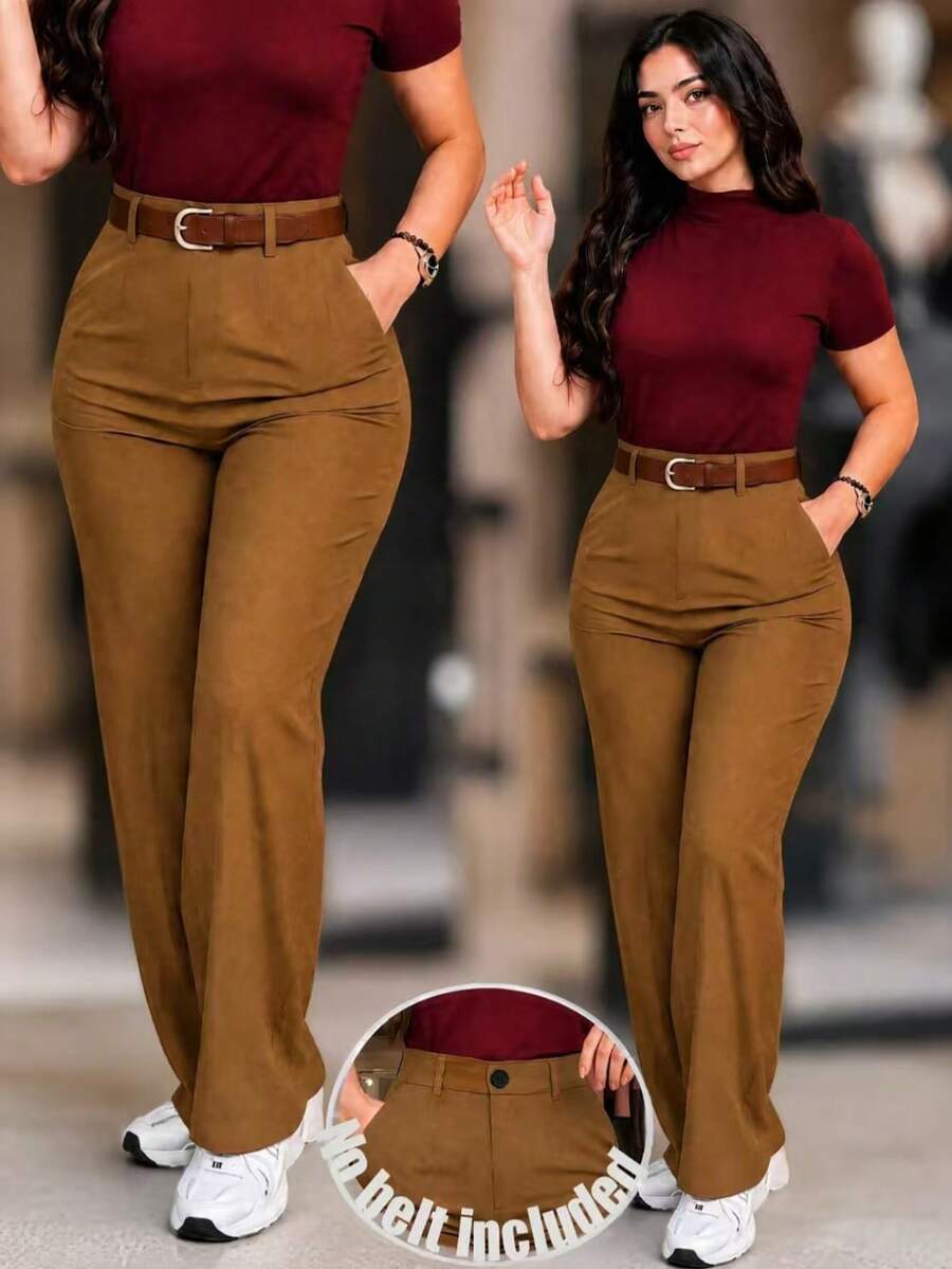 Celana Panjang Lurus Wanita Bahan Polyester, Celana Serbaguna Tidak Melar, Cocok untuk Pemakaian Sehari-hari di Musim Gugur - Coklat - View 1