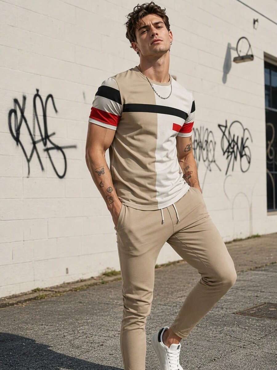 Men's Autumn/Winter Casual Versatile Colorblock Striped Short Sleeve & Long Pants Set - Multicolor - View 1