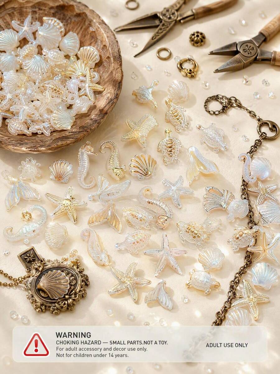 200pcs Ocean Series Beads Bracelet | Resin Shell, Conch, Seahorse, Starfish With Holes, Suitable For Jewelry Making, Hair Accessories, Phone Cases - Multicolor - View 1