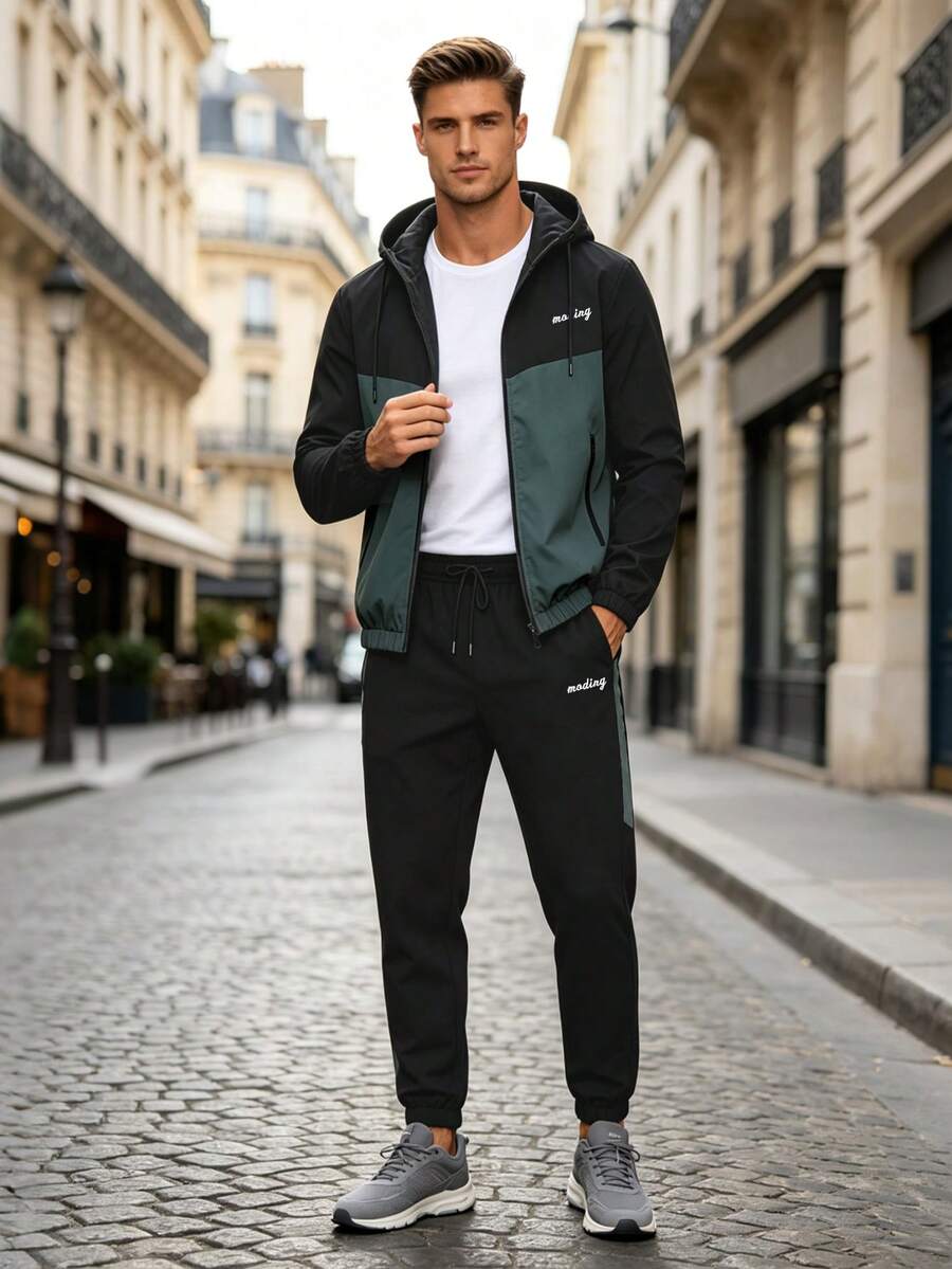 1 Set Men's Spring/Autumn Fashion Colorblock Sports Outfit, Hooded Zip-Up Jacket + Cuffed Joggers, Suitable For Daily Fitness, Running, Commuting Casual Wear - Black - View 1