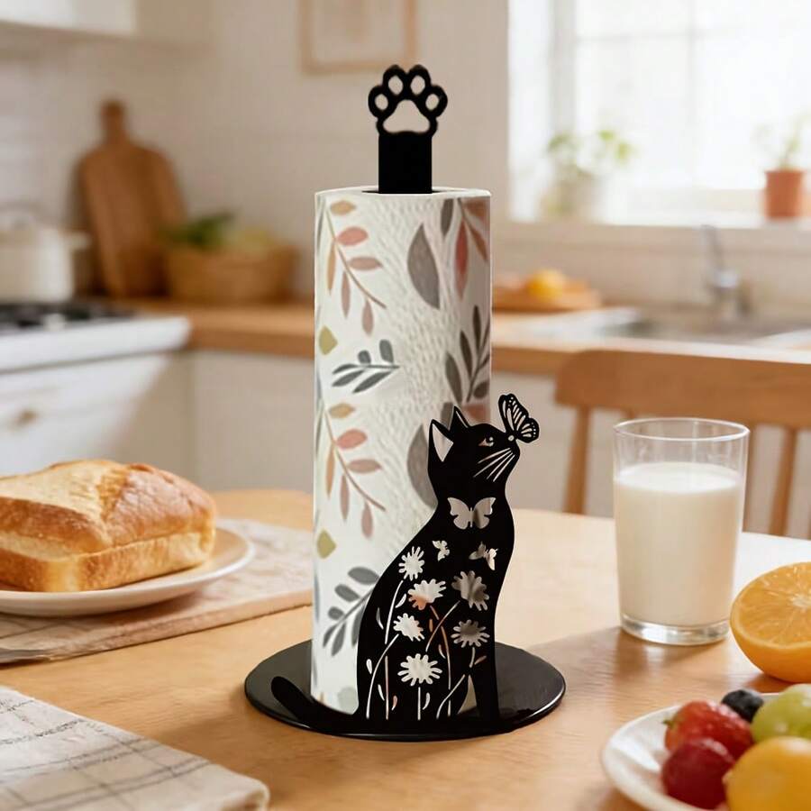 2D Design Cute Black Cat Butterfly Paper Towel Holder, Kitchen Countertop Roll Paper Storage Rack, Cat Lover Decor, Vintage Farmhouse Style Bathroom Standing Paper Towel Rack, Creative Animal Silhouette Design, High-Value Home Storage Rack, 2D Flat - Multicolor - View 1