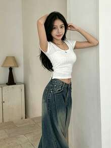 YCYC Korean Style Fashion Casual Women's Design Tie-Front Short Sleeve T-Shirt White Summer - White - View 3