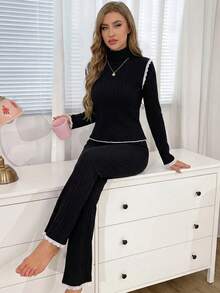 Women's Spring Autumn Winter Solid Color Ribbed Casual Double Pocket Fashion Sweet Lace Trim High Neck Long Sleeve Long Pants Comfortable Loungewear 2-Piece Set - Black - View 7