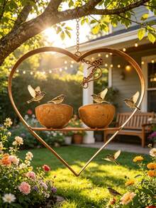 Rusty Metal Heart-Shaped Bird Feeder, Dual Bowl Design, Vintage Distressed Bird Food And Water Dual-Use Feeder, Hanging Design Suitable For Trees And Backyard Gardens, European Courtyard Landscape Country Style Outdoor Decor - Multiple Styles - View 10