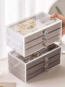 Transparent Acrylic Jewelry Storage Box, Large Capacity Desktop Drawer-Style Storage Box, 5-Layer Acrylic Jewelry Box, Velvet Jewelry Tray, Portable Jewelry Display Box, Stackable Drawer-Style Storage Rack - Multicolor - View 9