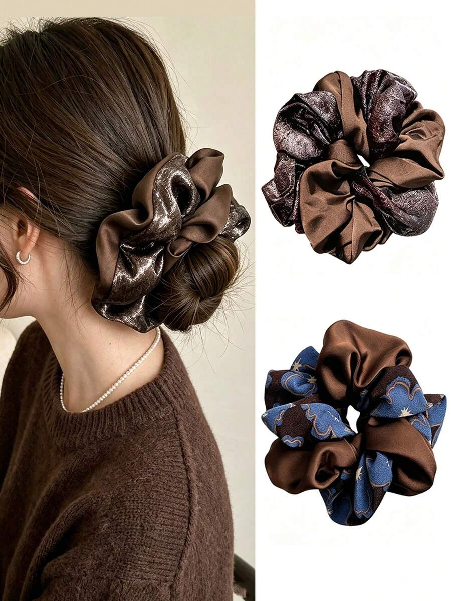 1pc Women's French Vintage Autumn/Winter Patchwork Satin Scrunchie, Brown Tone Shiny Blue & Brown Floral Pattern Large Hair Tie For Bun And Low Ponytail - Multicolor - View 1
