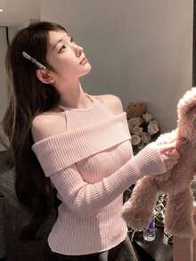 Pink 2 In 1 Fitted Knit Sweater, Sexy Off-Shoulder Design, Autumn/Winter Base Layer Top For Women - Pink - View 2