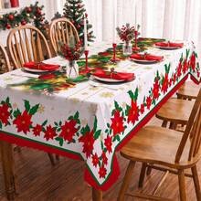 1pc Christmas Holly Leaf Poinsettia Snowflake Print Rectangular Tablecloth, Suitable For Holiday, Party, Birthday, Dinner, Restaurant Table Decor, Christmas Home Autumn/Winter Decoration - Multicolor - View 2