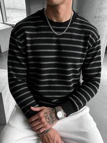 Vintage Fashion Contrast Color Striped Honeycomb Texture Multi-Scenario Innerwear & Outerwear Men's Crew Neck Sweatshirt - Black - View 1