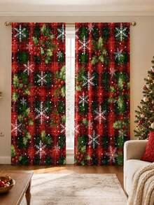 2Pcs Christmas Holiday Curtains, Vintage Red & Green Plaid Holly Snowflake Print Pattern Curtains, Semi-Blackout Rod Pocket Holiday Window Decor, Suitable For Living Room And Bedroom, Rod Not Included - Multicolor - View 4