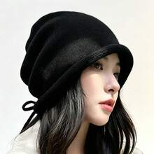 1pc Solid Color Drawstring Slouchy Beanie Hat For Women, Autumn/Winter, Face-Slimming, Warm Knitted Knitted Hat - Multicolor - View 3