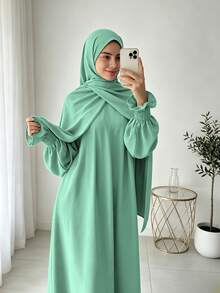 Busana Sehari-hari Wanita Timur Tengah, Set Hijab dan Abaya 2 Potong yang Serasi, Gaun Panjang Lengan Mengembang Longgar dengan Manset Elastis - MultiWarna - View 15