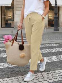 Jisfaneya Women's Solid Color Drawstring Casual Straight Leg Pants With Pockets - Apricot - View 4