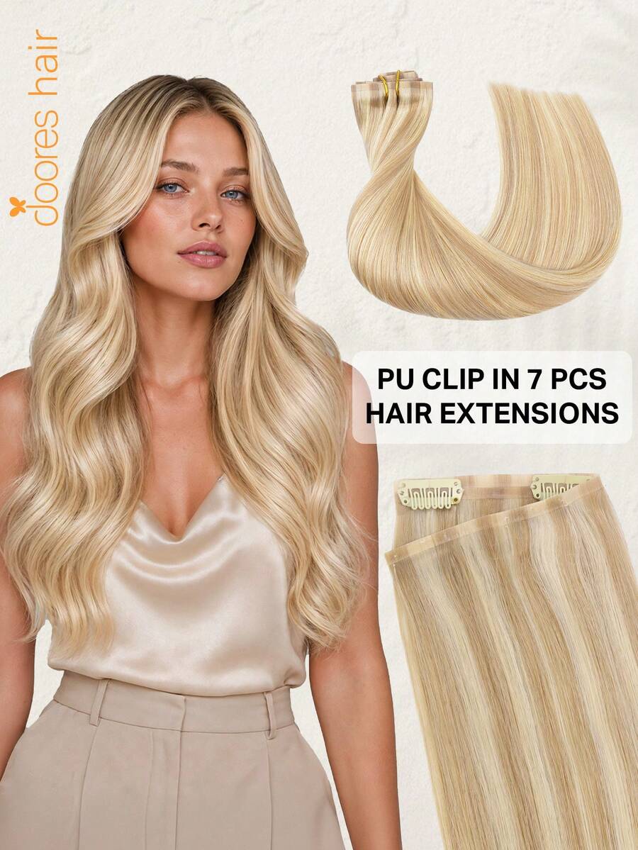 DOORES 14-24 Inch Seamless Clip-In Hair Extensions, 130g-160g 7pcs Real Human Hair Invisible PU Skin Weft, Dark Gold Highlights Bleached Gold, Natural Remy Straight Hair, Easy To Wear - S18A/613A - View 1