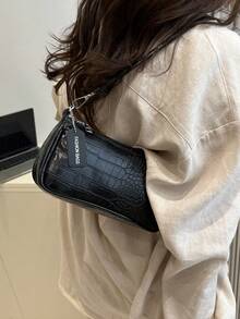 1pc New Fashion Versatile Textured Shoulder Bag Underarm Bag, Suitable For Dating, Outing, Party And Other Occasions, Fashionable Women's Solid Color Wallet. Crocodile Pattern Position Random - Black - View 4