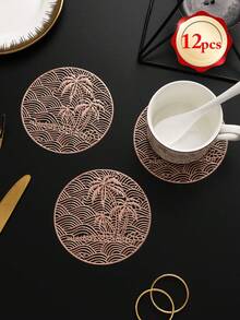 6-24pcs Coconut Tree Wave Hollow Coasters, Luxury Style PVC Round Heat-Insulating Non-Slip Coasters Suitable For Dining Table, Afternoon Tea, Home Party - Multicolor - View 12