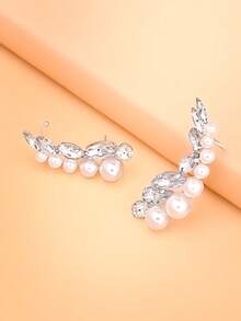FAAABULS 1 Pair Elegant Bridal Silver Pearl Marquise Rhinestone Ear Clips, Women's Wedding Wear - Silver - View 4