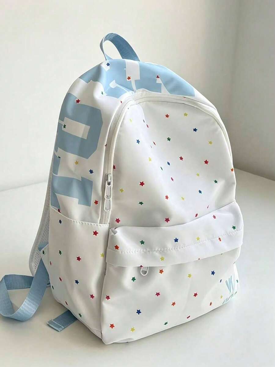 Mochila Escolar Blanca con Estampado de Estrellas Multicolores y Letras Rosas, Gran Capacidad, Ligera, Ideal para Estudiantes, Adolescentes y Viajes Diarios - Azul - Ver 1