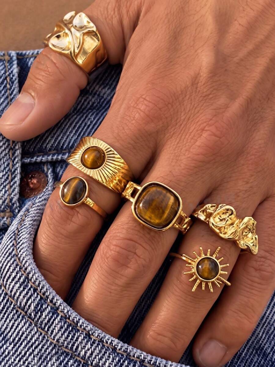 6pcs Vintage Tiger Eye Stone Ring Set, Bohemian Style Wide Open Band Rings, Maillard Layered Alloy Rings For Women - Yellow Gold - View 1