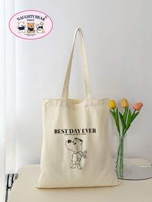 Fashionable Versatile Cat Print Canvas Tote Bag - Beige - View 5