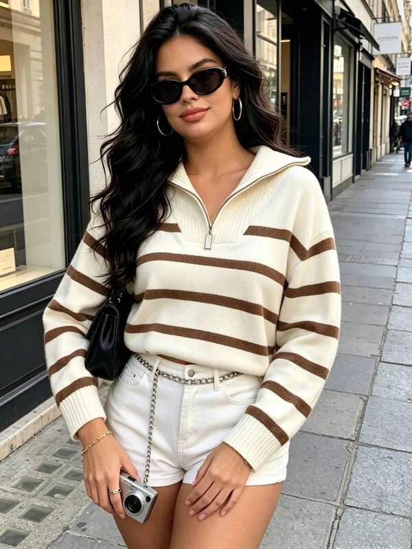 كنزة صوفية محبوكة مخططة بسحاب للنساء بمقاس كبير، جديدة للخريف/الشتاء، تصميم علوي بسيط راقي وعصري، متعددة الاستخدامات باللون البني للخريف